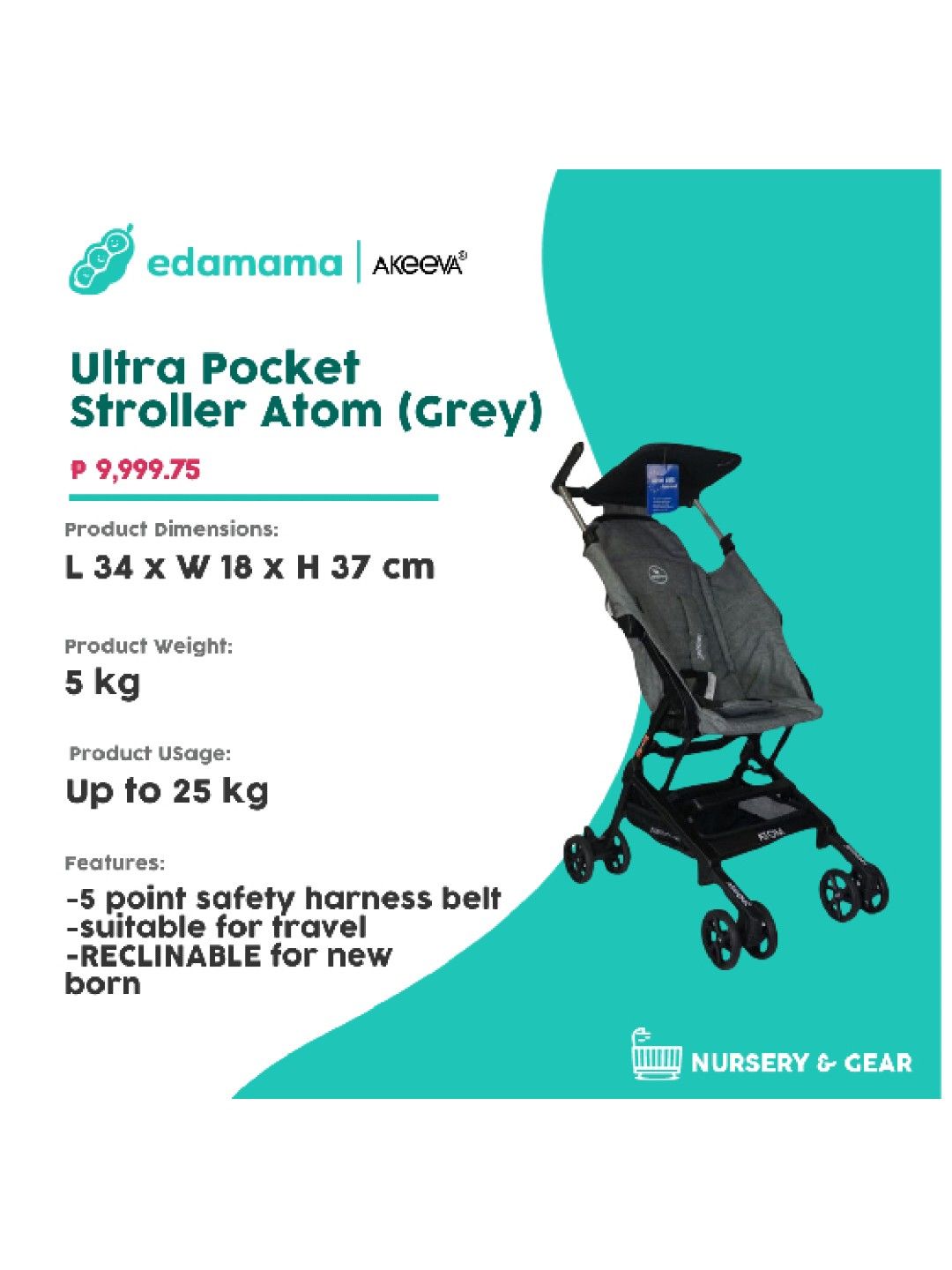 Akeeva Ultra Pocket Stroller Atom Grey edamama